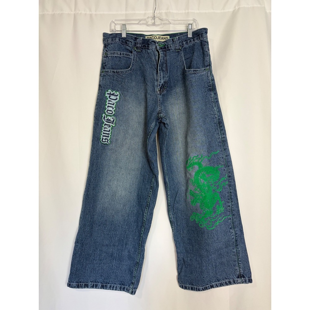 Paco Jeans Vintage 90s Y2K Baggy Wide Leg Dragon Denim Blue Green Mens 34x30